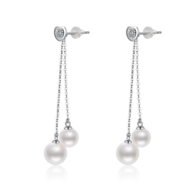18K White Gold Real Diamond Freshwater White Pearl Earrings Drop Earring
