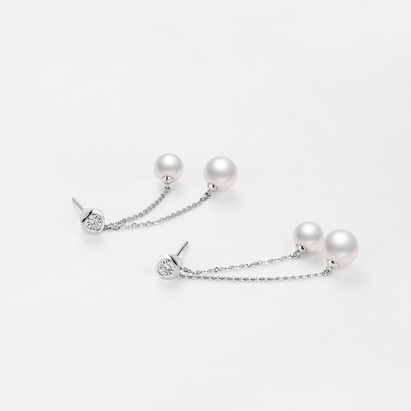 18K White Gold Real Diamond Freshwater White Pearl Earrings Drop Earring
