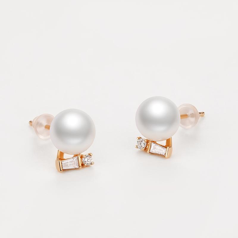 18K Rose Gold Diamond Freshwater Pearl Stud Earrings