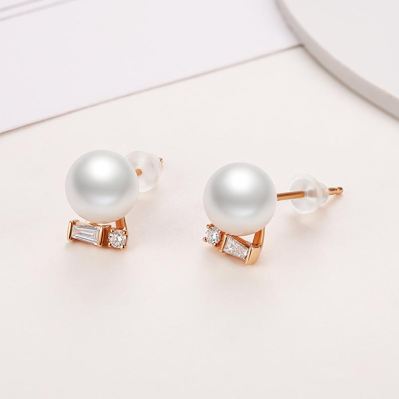 18K Rose Gold Diamond Freshwater Pearl Stud Earrings
