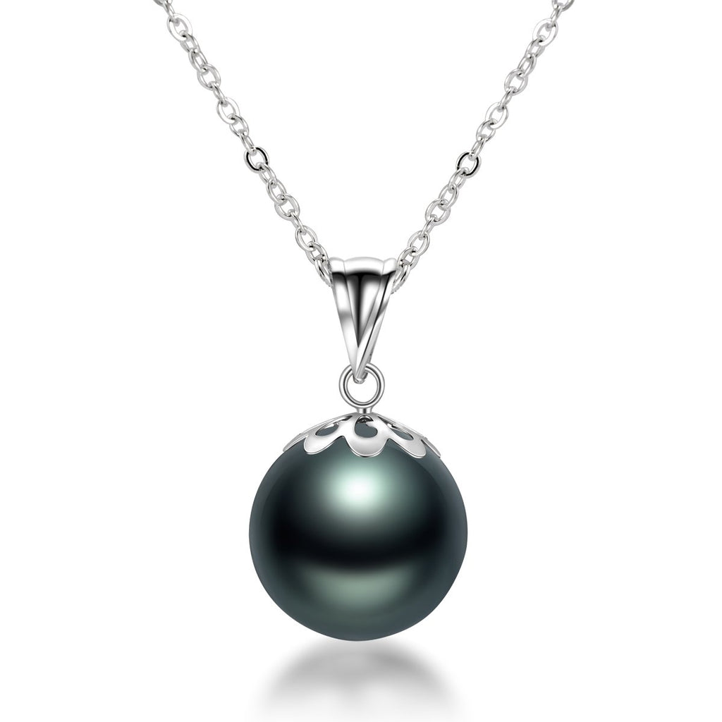 925 Sterling Silver Tahitian Cultured Black Pearl Created White Diamond Pendant Necklace