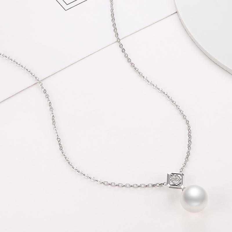 18K White Gold Real Diamond Freshwater Pearl Pendant Necklace