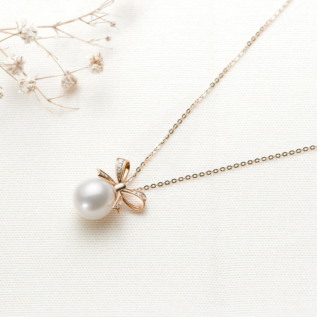Real Diamond Bow Knot 18K Gold Freshwater White Pearl Pendant Necklace
