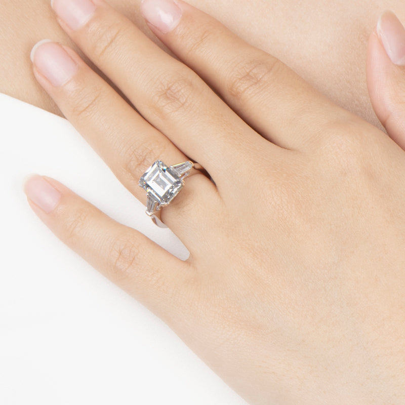 Three Stone Emerald Cut Create White Diamond Ring