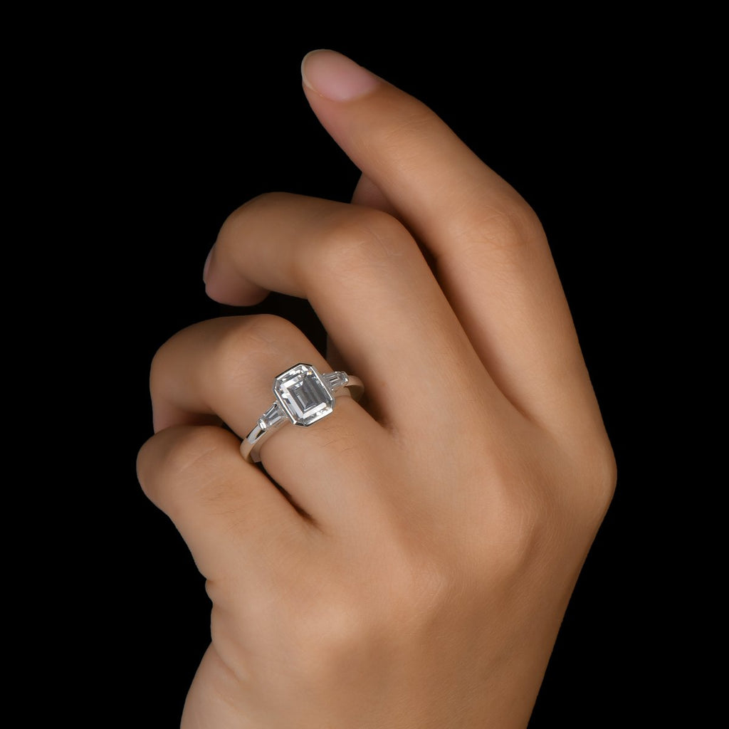 Three Stone Emerald Created White Diamond Ring