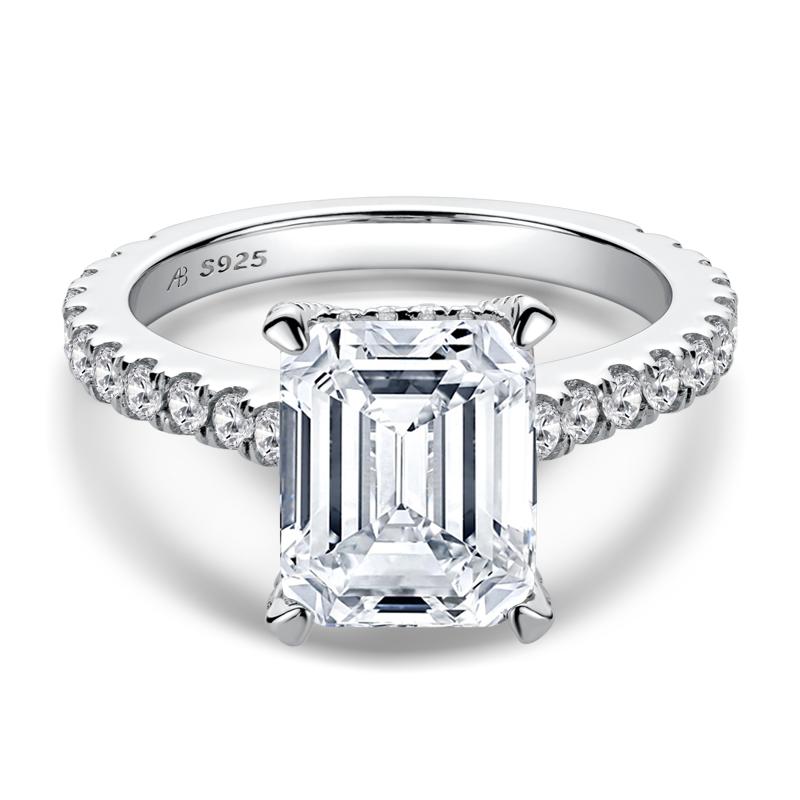 Luxury Hidden Halo Emerald Cut Moissanite Diamond Ring