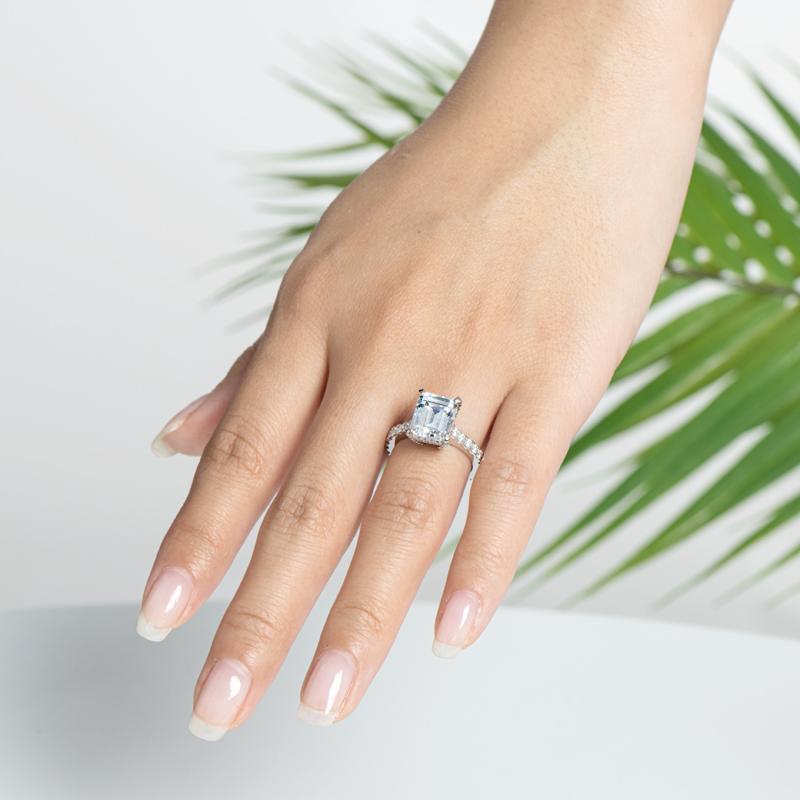 Luxury Hidden Halo Emerald Cut Moissanite Diamond Ring