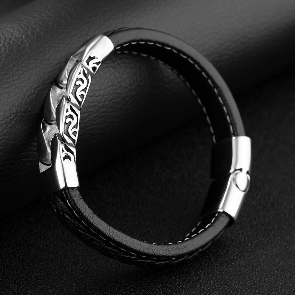 Men Leather Bracelet Link Chain Stainless Steel Vintage Wristband Fashion Clasp Leather Bracelets Black Gift For Him