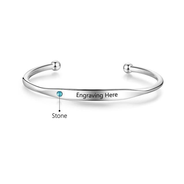 Engraved Bangle Bracelet with 1 Birthstone Personalized Women Cuff Bracelets Stackable Bangles