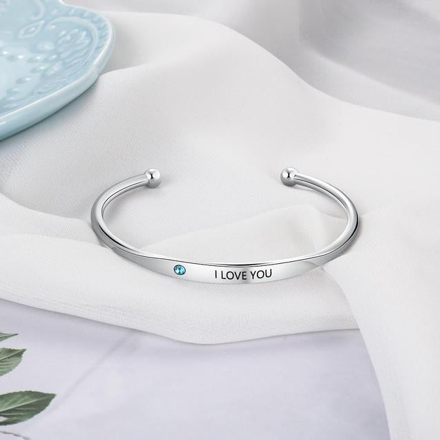 Engraved Bangle Bracelet with 1 Birthstone Personalized Women Cuff Bracelets Stackable Bangles