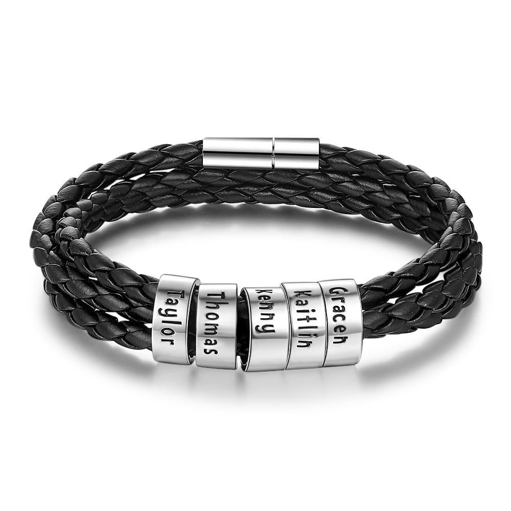 Personalized Mens Leather Braided Bracelet With Sterling Silver Custom Bead Engraved Family Name
