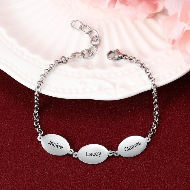 Personalized Mother Bracelet Engraved 3 Names Custom with 3 Oval Pendant Mother Daughter Bracelets