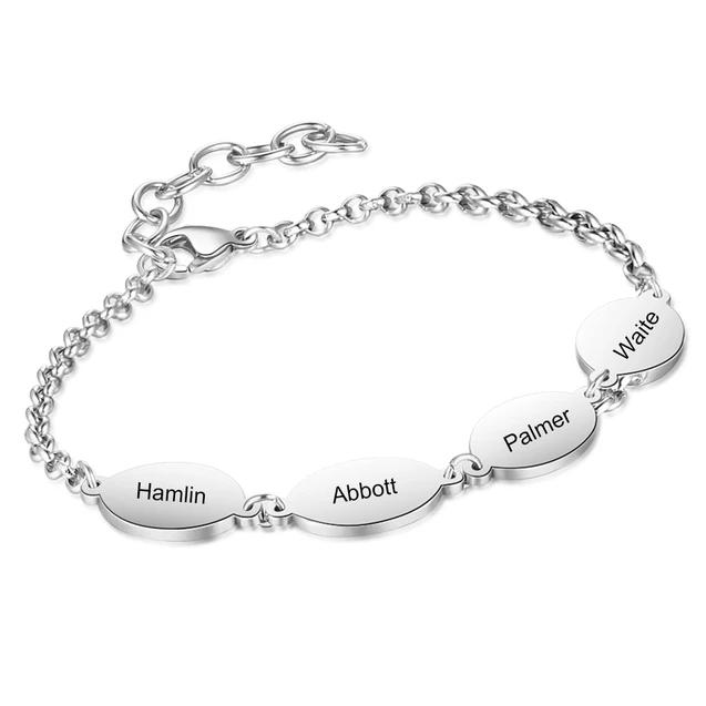 Personalized Mother Bracelet Engraved 4 Names Custom with Oval Pendants