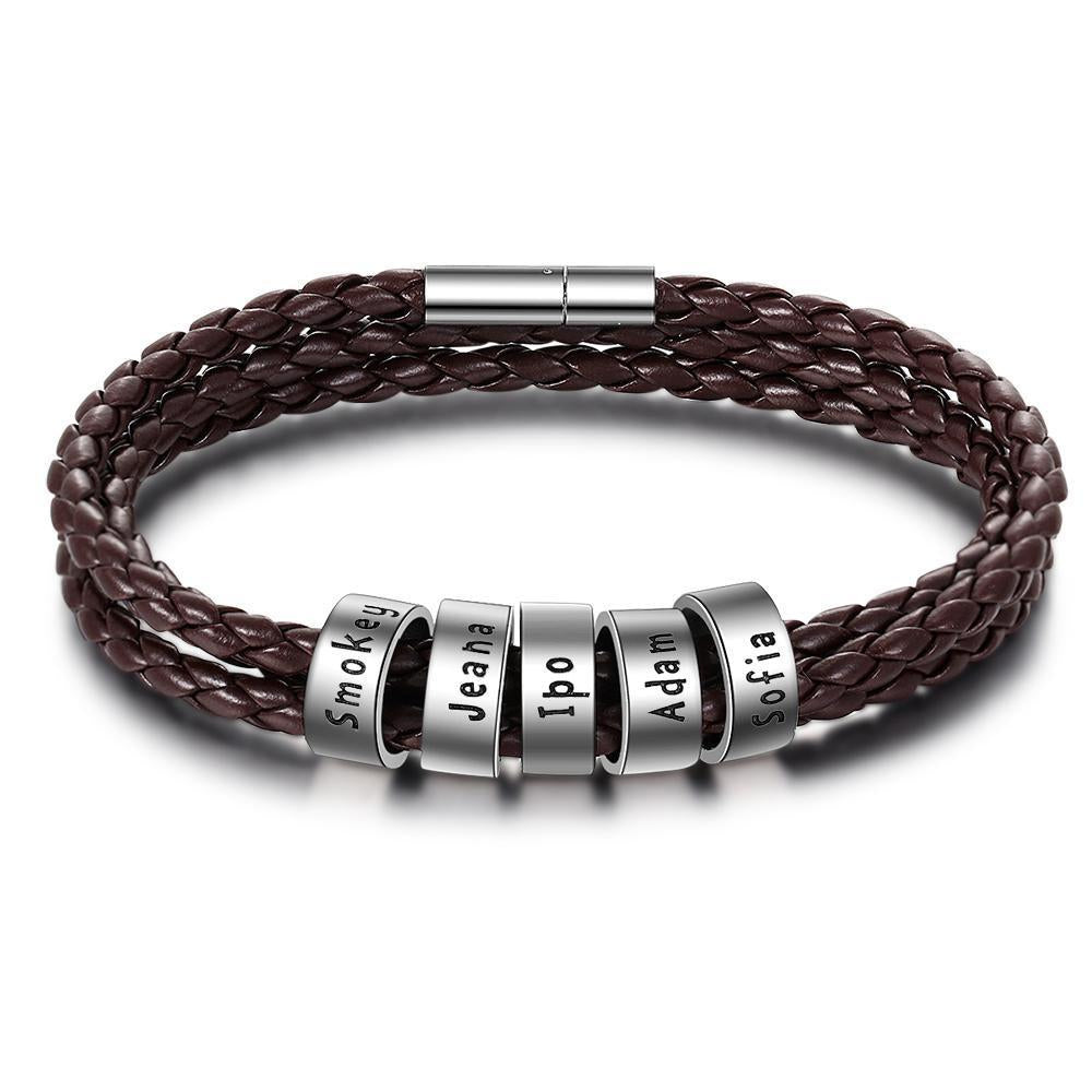 Personalized Mens Leather Braided Bracelet With Sterling Silver Custom Bead Engraved Family Name