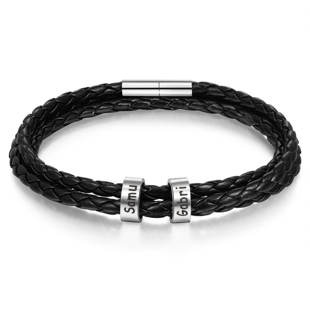 Mens Leather Bracelet with Bead Leather Braided Bracelet for Men Multi-Layer Bracelet Black