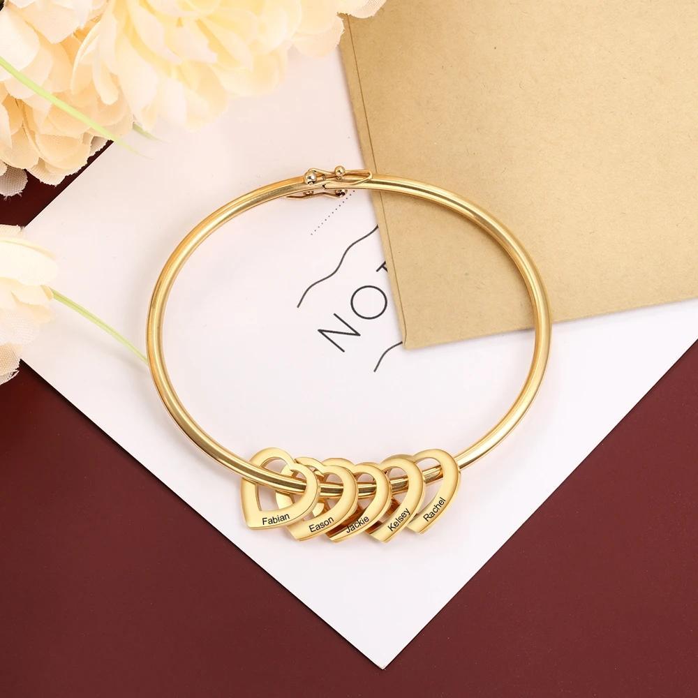 Gift For Mom Bangle Bracelet Personalized with 5 Heart Shape Pendant Engraved 5 Names