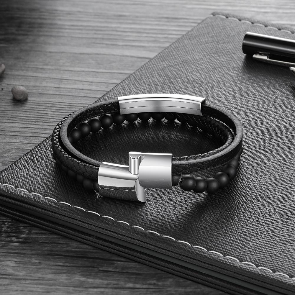 Men Multi-layer Leather Rope Bracelet with Engraving Bar Beads Custom Bracelet Black