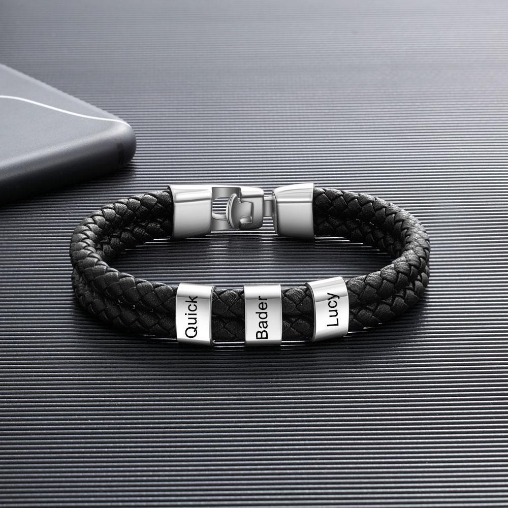 Men Leather Bracelet with Engraved 3 Beads Custom Two Layers Bracelet Black