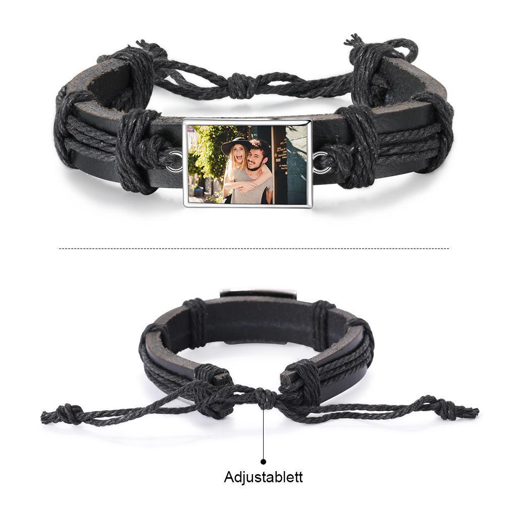 Men Photo Engraved Bracelet Ajustable Leather Strap Photo Tag Bracelets Black
