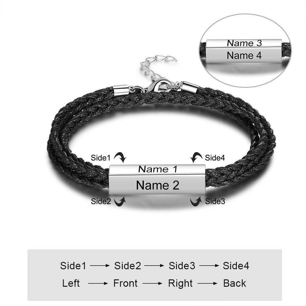 Personalized Bracelets For Men Black Braided Leather Bracelet Engraved 4 Names