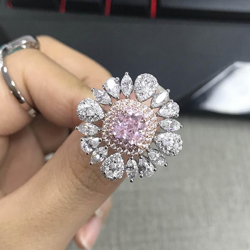 14K/18K White & Rose Gold Two-Tone 1.0ct Radiant Cut Pink Created Diamond Luxury Flower Ring