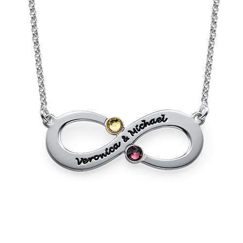 Sterling Silver Couple Name Infinity Necklace with 2 Birthstones