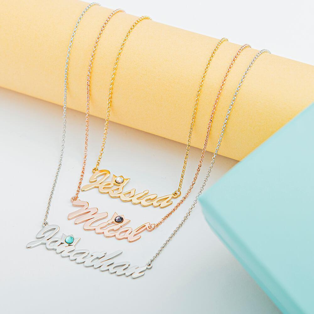 Personalized Name Necklace with Birthstone Sterling Silver