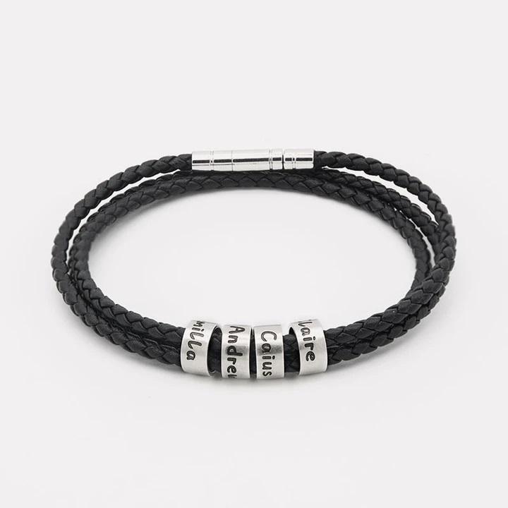 Men's Bracelet with Small Custom Beads - Leather Chain