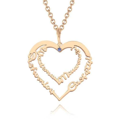 Love Heart Engraved Name Necklace 18K Rose Gold Birthstone Gift for Women
