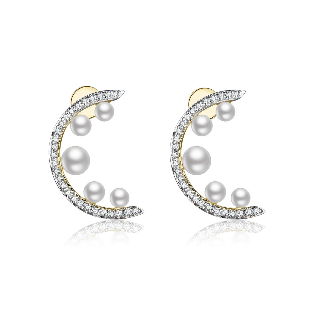 14K Solid Gold Pearl Moon Earrings Exclusively Handcrafted 0.113 Carat Natural Diamond (H-F Color, VS1-VS2 Clarity)
