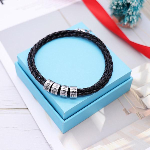 Men braided leather bracelet with small custom beads in silver