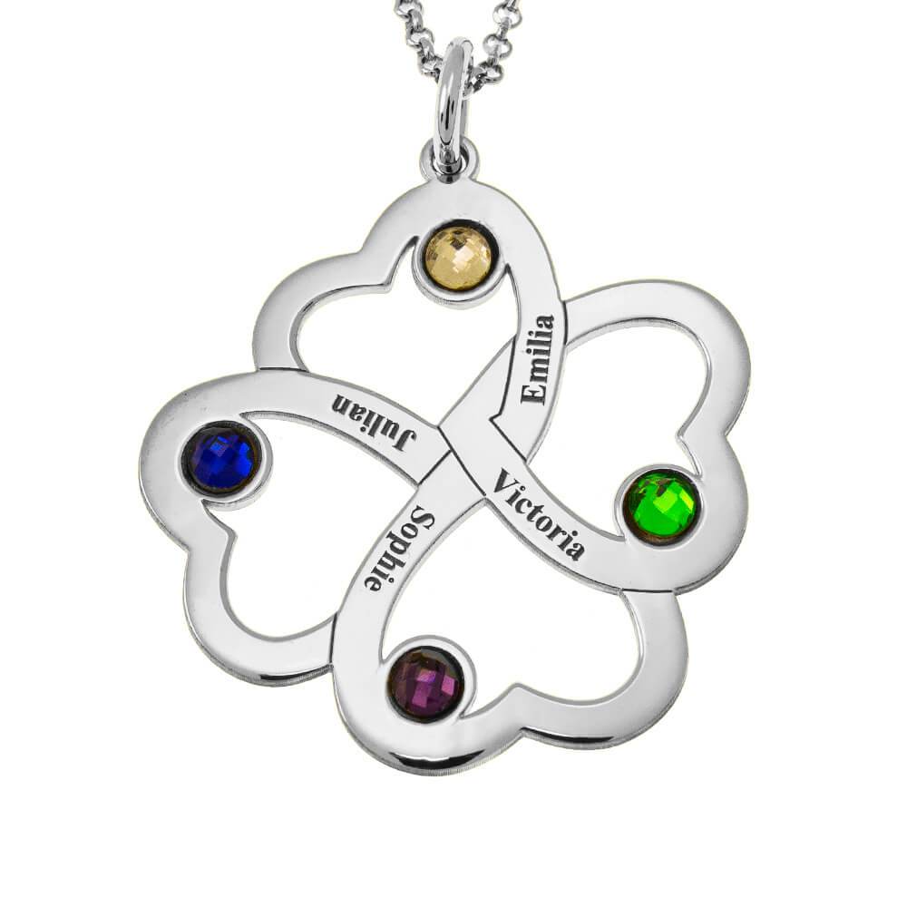 Intertwined 4 Hearts Name Necklace With Birthstones