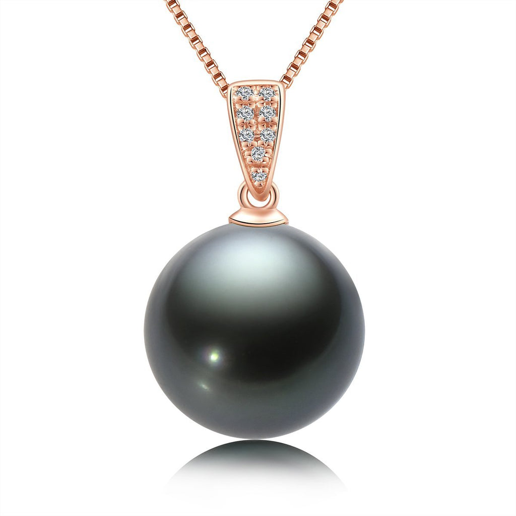 18K Real Diamond Natural Black Tahiti Pearl Necklace 18'' Chain (Sterling Silver)