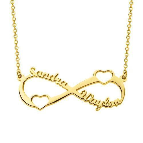 Double Heart Infinity Love Necklace with Engraved Name 18K Gold Plating
