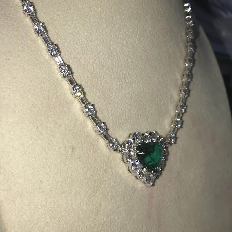 14K/18K Gold 10 Carat Heart Shaped Green Created Diamond Vintage Pendant Tennis Necklace 16''
