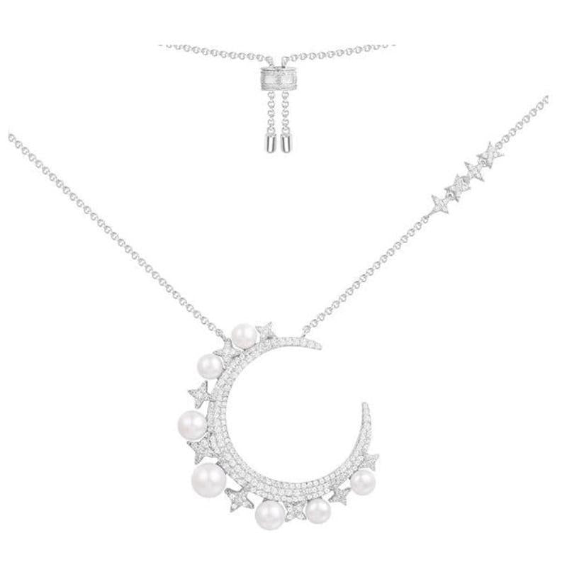 Moon Shape Pearl Little Stars Sterling Silver Necklace