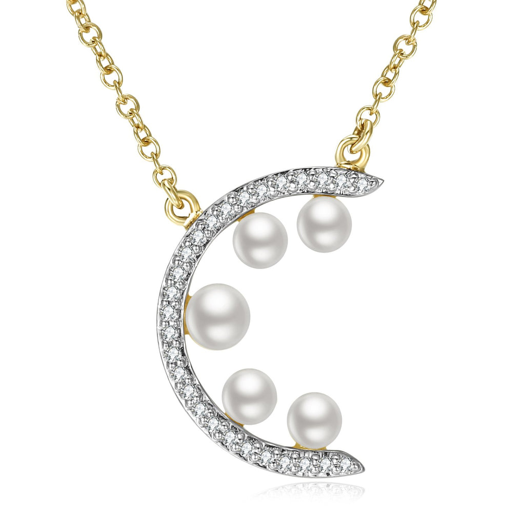 14K Solid Gold Pearl Moon Pendant Necklace Exclusively Handcrafted 0.059 Carat Natural Diamond (H-F Color, VS1-VS2 Clarity)