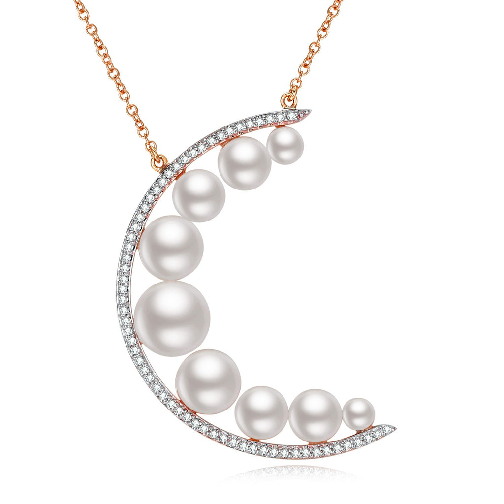 14K Solid Gold Pearl Moon Pendant Necklace Exclusively Handcrafted 0.125 Carat Natural Diamond (H-F Color, VS1-VS2 Clarity)