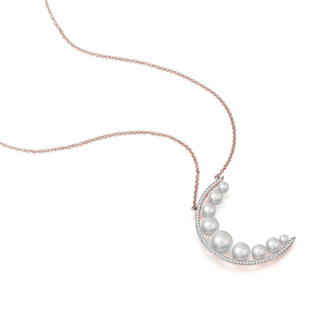 14K Solid Gold Pearl Moon Pendant Necklace Exclusively Handcrafted 0.125 Carat Natural Diamond (H-F Color, VS1-VS2 Clarity)
