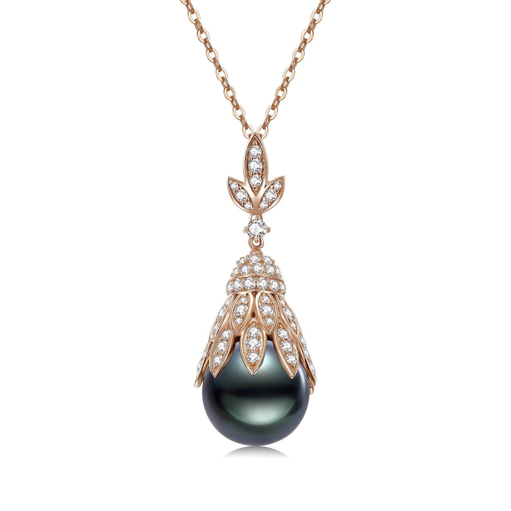 18K Solid Gold 1.08ct Natural Diamond (G-H, SI1-SI2) 12mm Tahitian Black Pearl Pendant