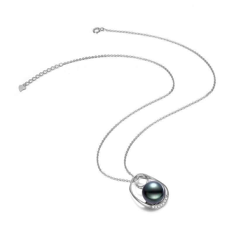 18K Solid Gold Natural 0.109ct Diamond (G-H, SI1-SI2) 11mm Black Tahiti Pearl Pendant Necklace