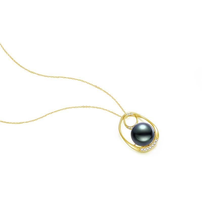 18K Solid Gold Natural 0.109ct Diamond (G-H, SI1-SI2) 11mm Black Tahiti Pearl Pendant Necklace