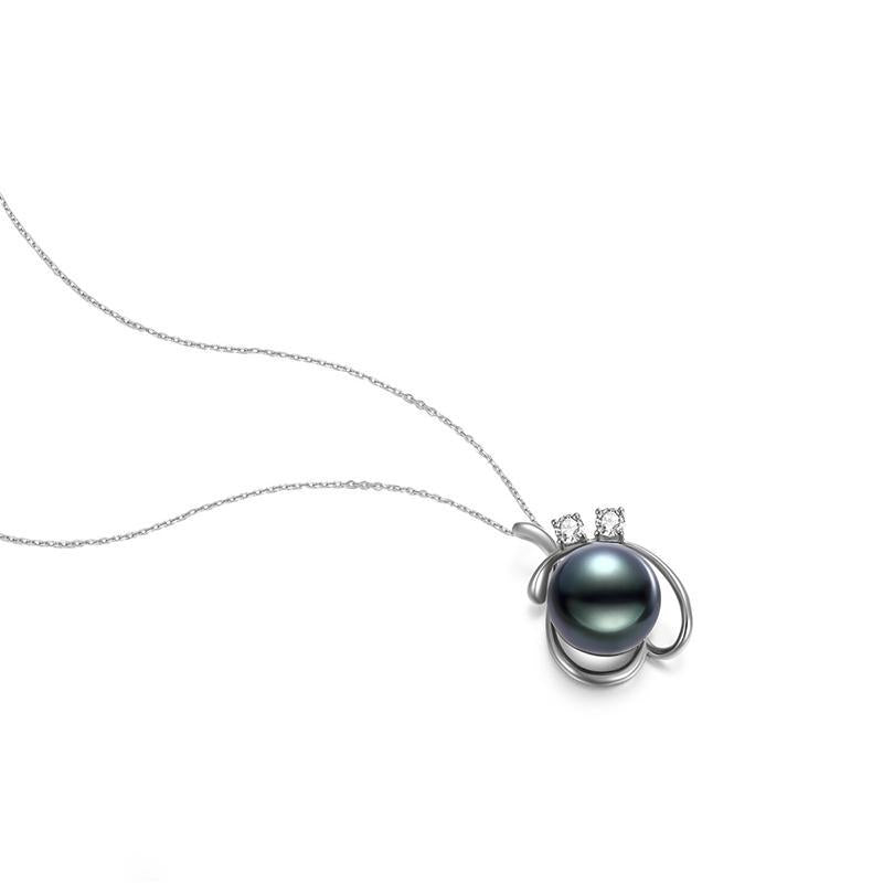 18K Solid Gold Natural 0.238ct Diamond (G-H, SI1-SI2) 12mm Black Tahiti Pearl Pendant Necklace