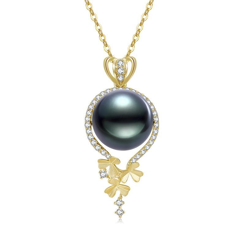 18K Solid Gold Natural 0.340ct Diamond (G-H, SI1-SI2) 12-12.5mm Black Tahiti Pearl Pendant Necklace