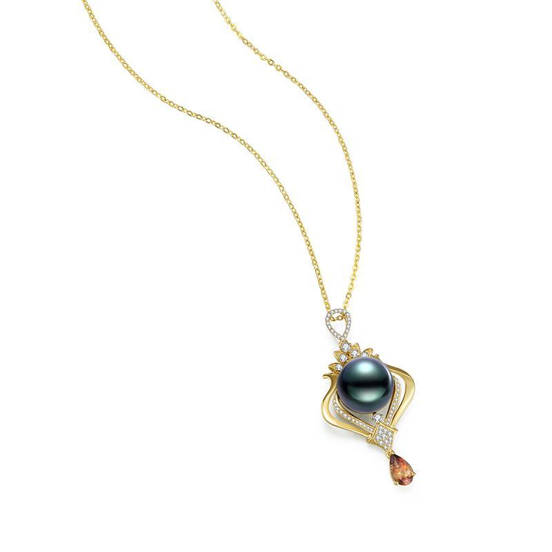 18K Solid Gold Natural 0.380ct Diamond (G-H, SI1-SI2) Tourmaline 13mm Black Tahiti Pearl Pendant Necklace