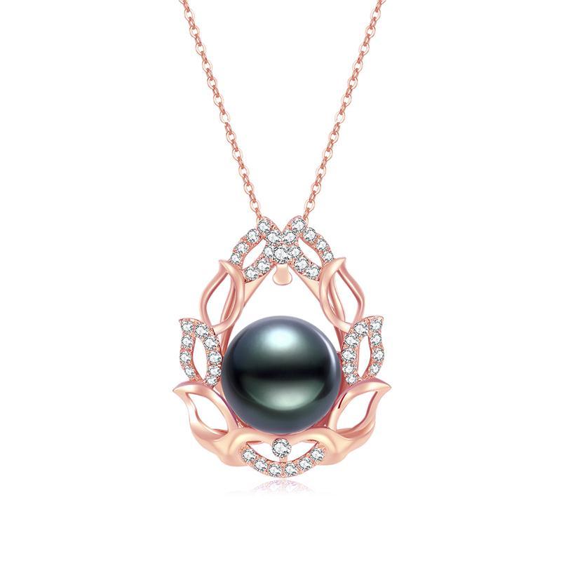 18K Solid Gold Natural 0.725ct Diamond (G-H, SI1-SI2) 13mm Black Tahiti Pearl Pendant Necklace