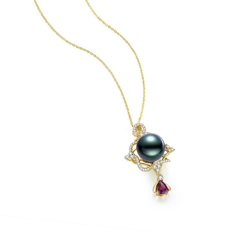 18K Solid Gold Natural 0.898ct Diamond (G-H, SI1-SI2) Tourmaline 13mm Black Tahiti Pearl Pendant Necklace