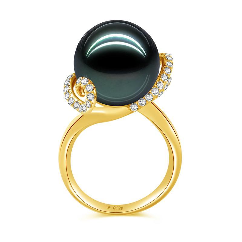 18K Solid Gold Natural 0.349ct Diamond (G-H, SI1-SI2) 14mm Black Tahiti Pearl Ring