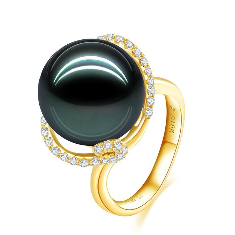 18K Solid Gold Natural 0.349ct Diamond (G-H, SI1-SI2) 14mm Black Tahiti Pearl Ring
