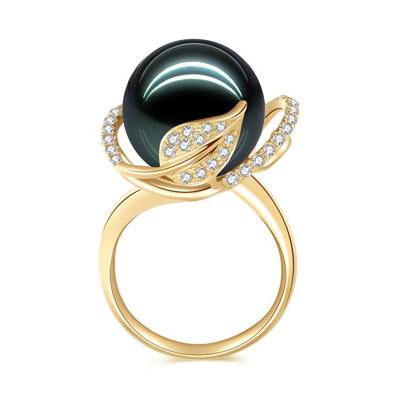 18K Solid Gold Natural 0.349ct Diamond (G-H, SI1-SI2)  14mm Black Tahiti Pearl Ring